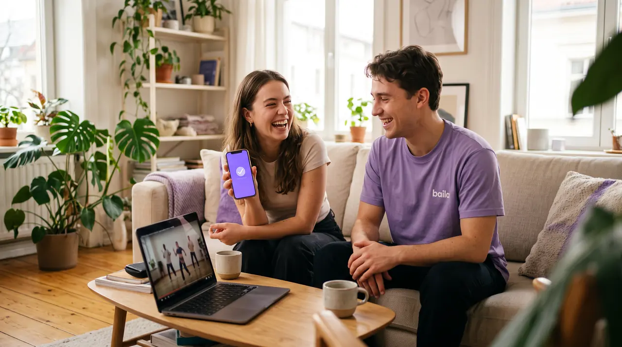 Twee lachende dansers op de bank: zij betaalt met haar telefoon, op de laptop speelt een online dansles.