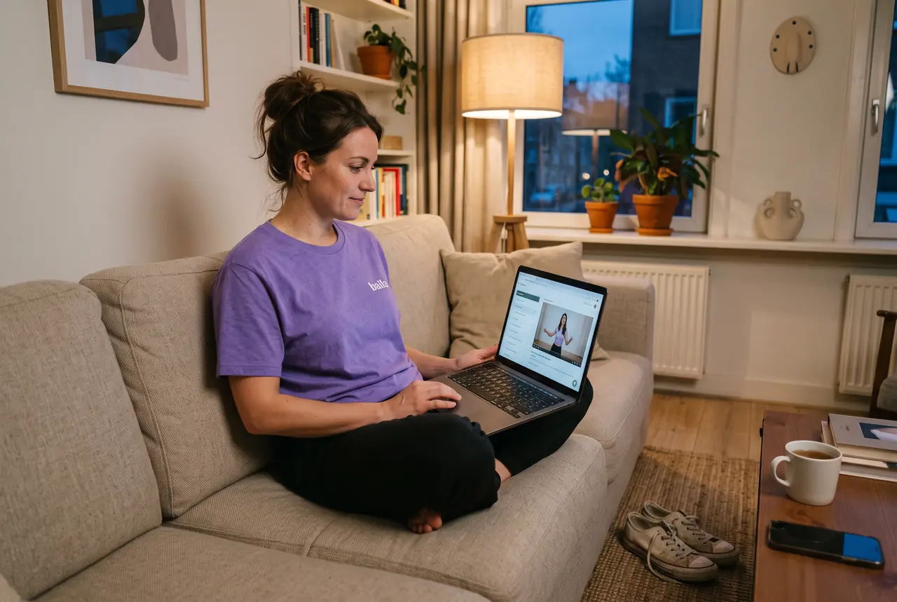 Een vrouw in een paars Baila-shirt kijkt op de bank een online dansles op haar laptop.