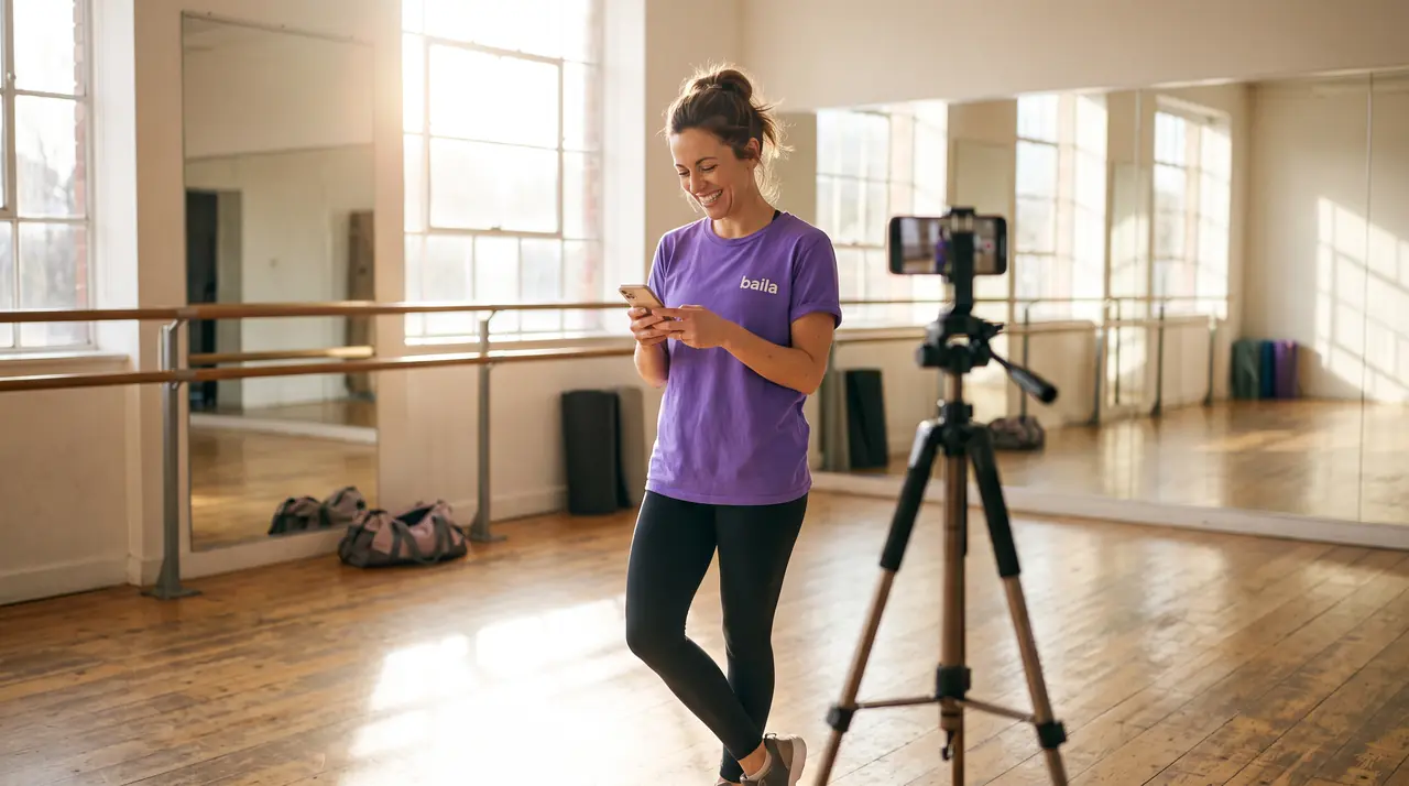 Een dansdocent in haar studio kijkt lachend naar haar telefoon, naast een statief met camera om lessen op te nemen.