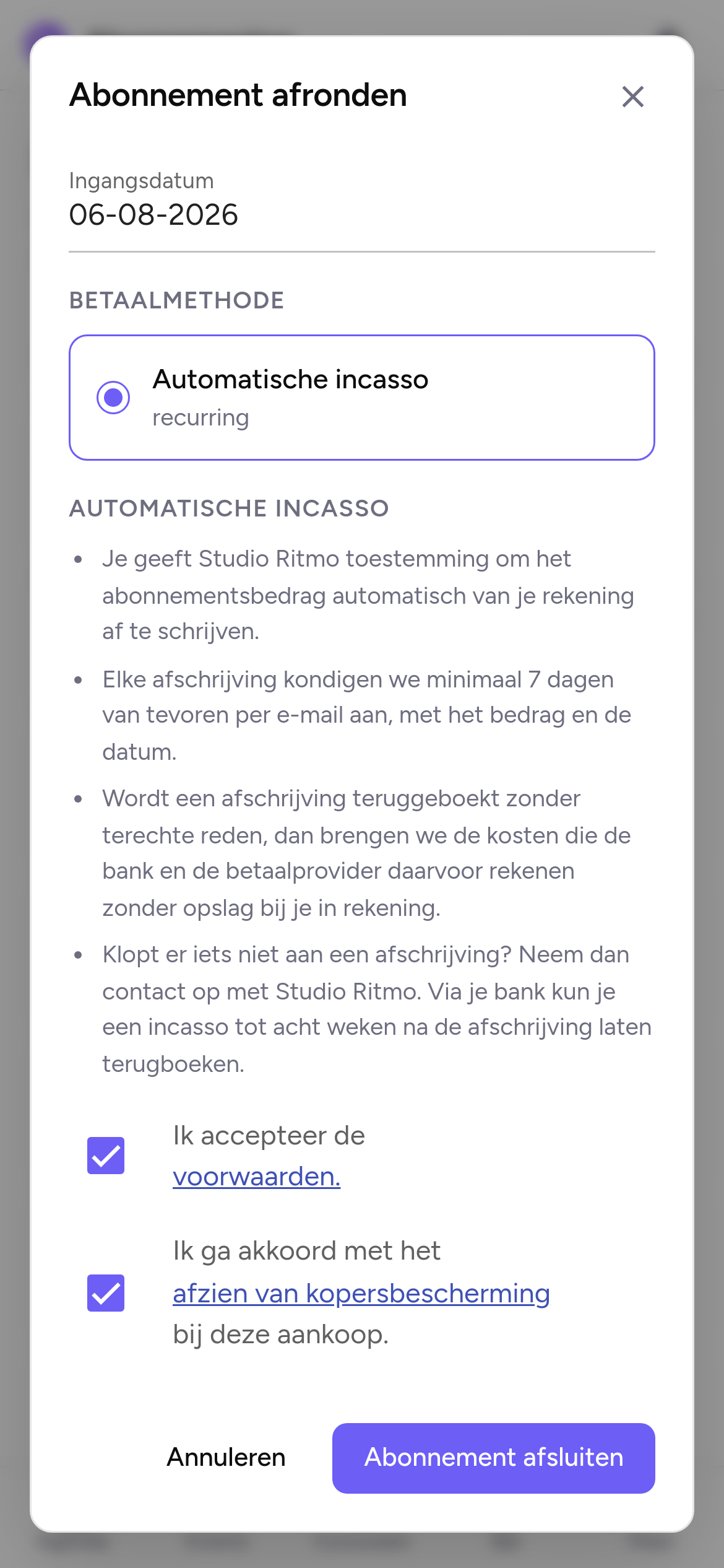 De afrondstap van een abonnement in het klantportaal: het gekozen abonnement met ingangsdatum, betaalmethode en de knop om af te sluiten.
