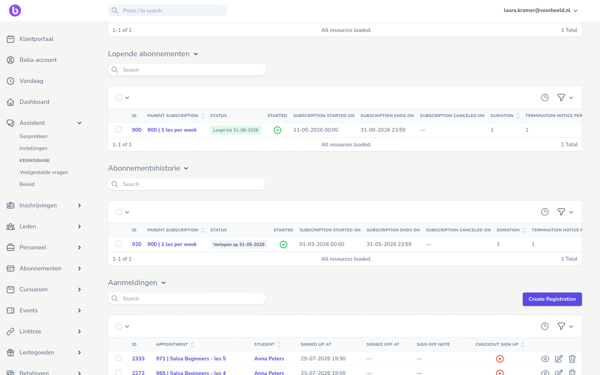 Een klantprofiel in de backoffice met het lopende abonnement, de abonnementshistorie en de aanmeldingen van de cursist.