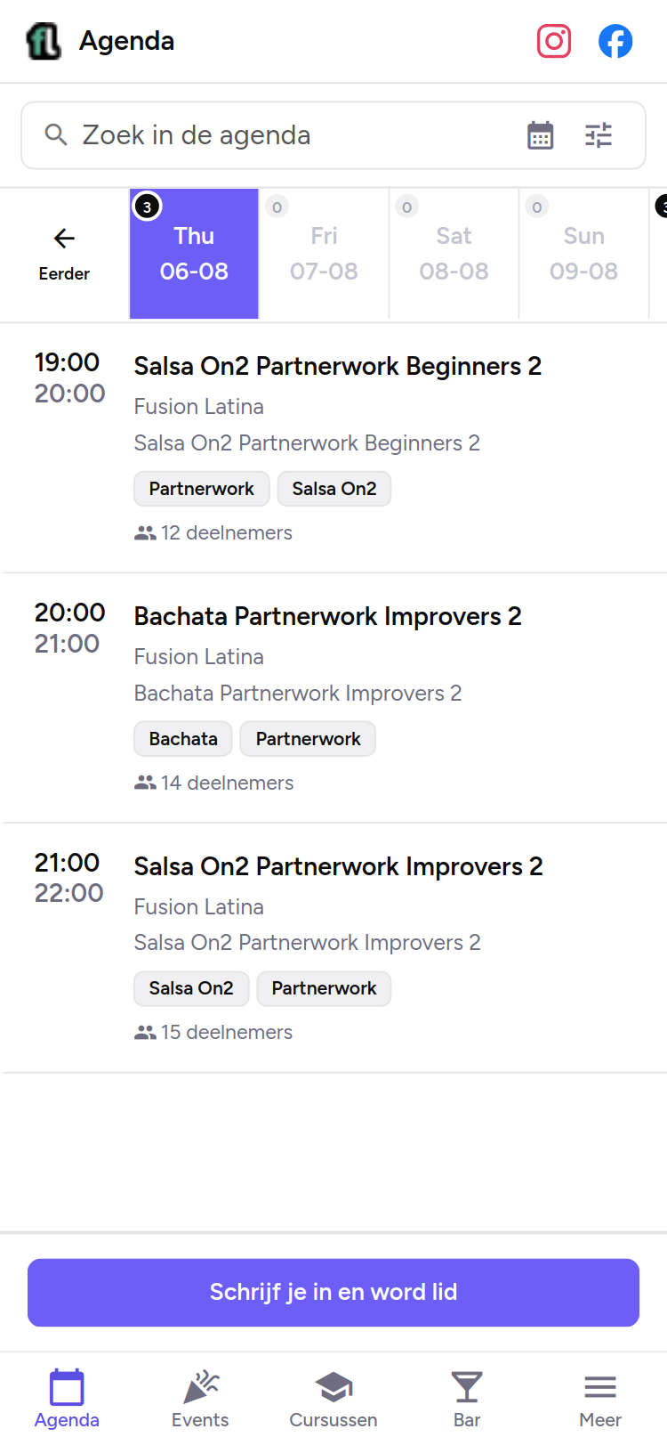 De publieke agenda van Fusion Latina op fusionlatina.baila.me: drie lessen op een donderdagavond met tijden en deelnemersaantallen, en de knop om je in te schrijven en lid te worden.