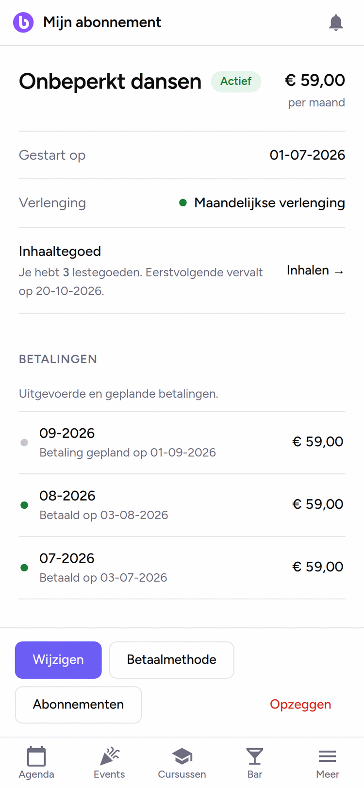 Het abonnement van een lid: actief, met prijs, verlengdatum, het aantal strippen inhaaltegoed en de betaalhistorie met de eerstvolgende geplande incasso.