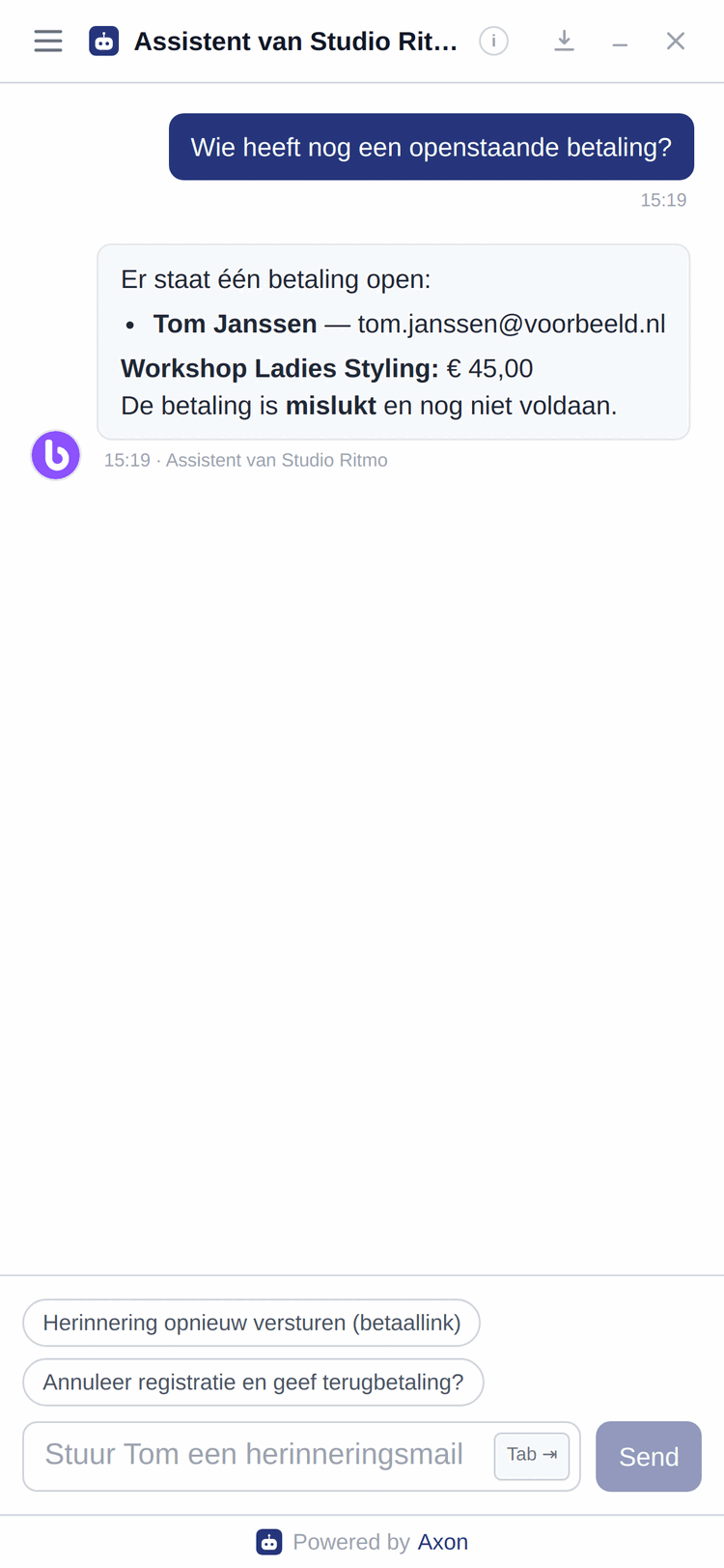 Een overzicht in de backoffice van leden met een openstaande betaling, met naam, bedrag en status, en een klaarstaande knop om een herinnering te sturen.