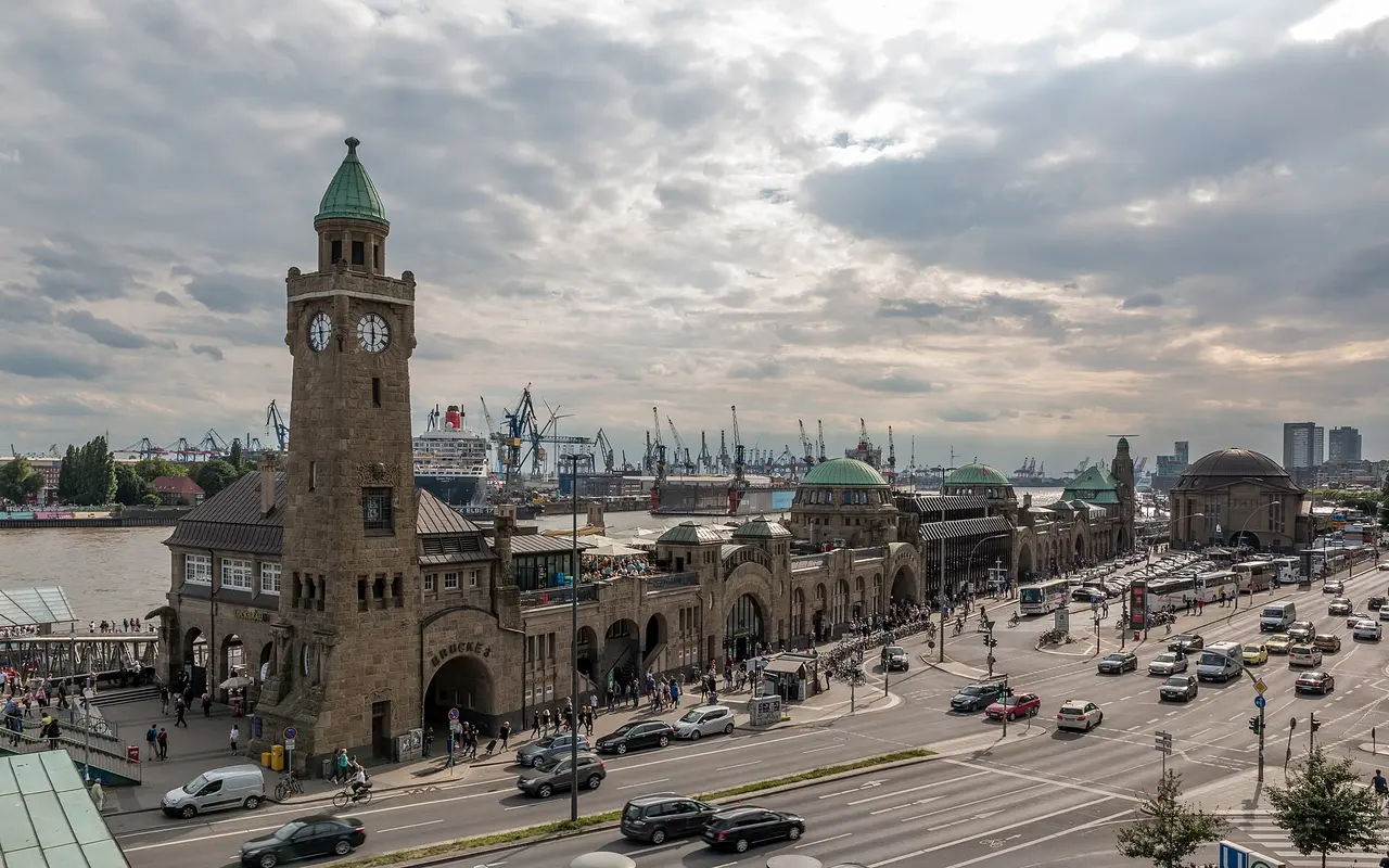 The Landungsbrücken on the Elbe in Hamburg, with the clock tower and the harbour behind
