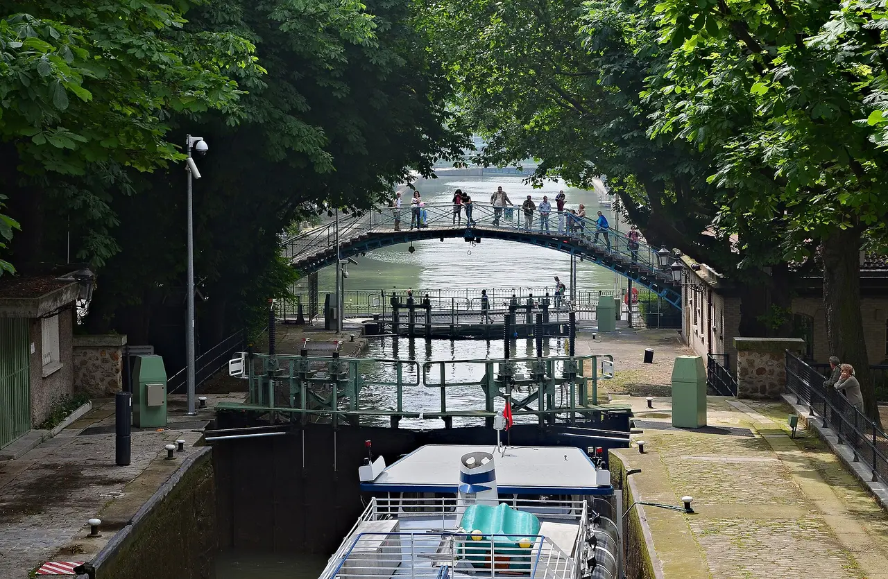 De sluizen van het Canal Saint-Martin in Parijs, met een voetgangersbrug over het water