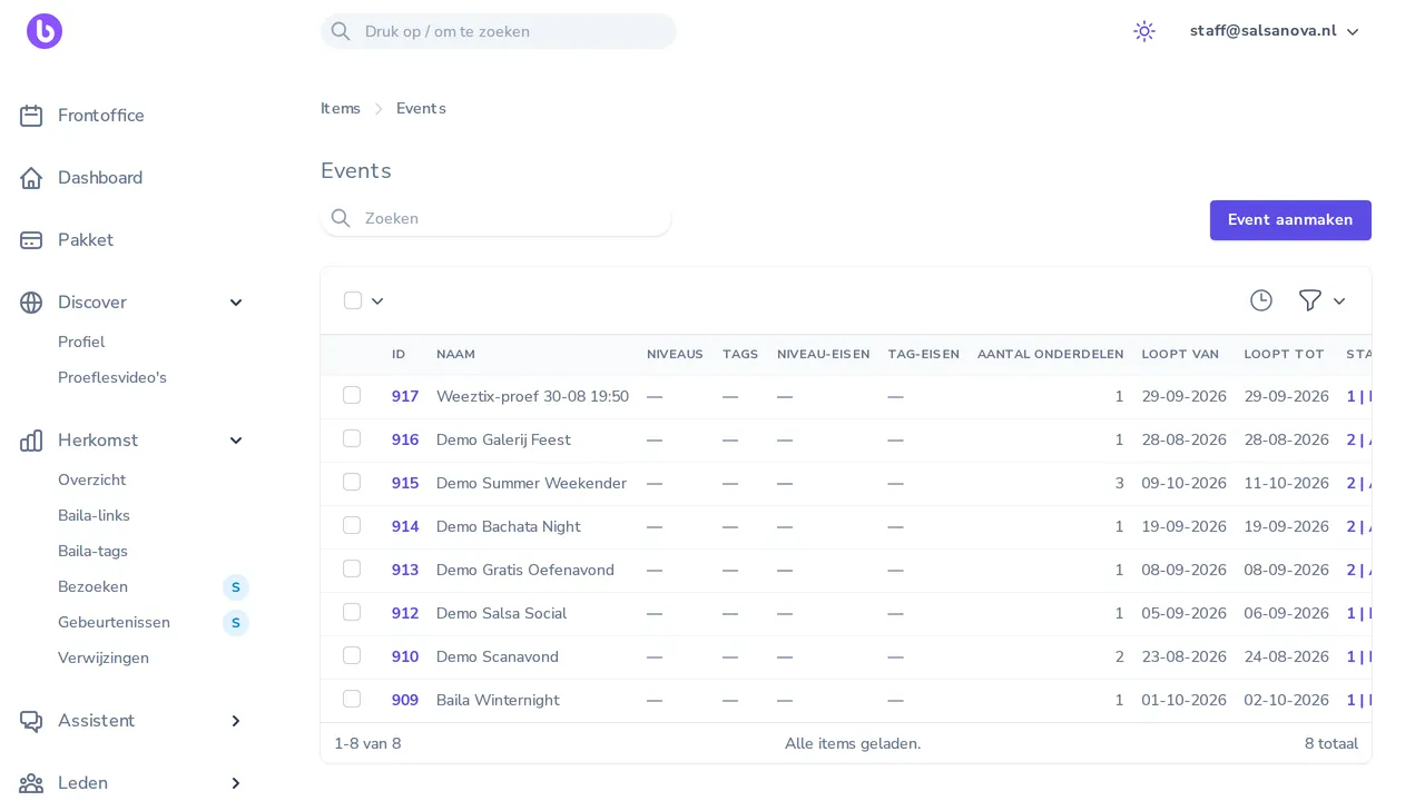De events in de backoffice, met per event de edities en de looptijd.