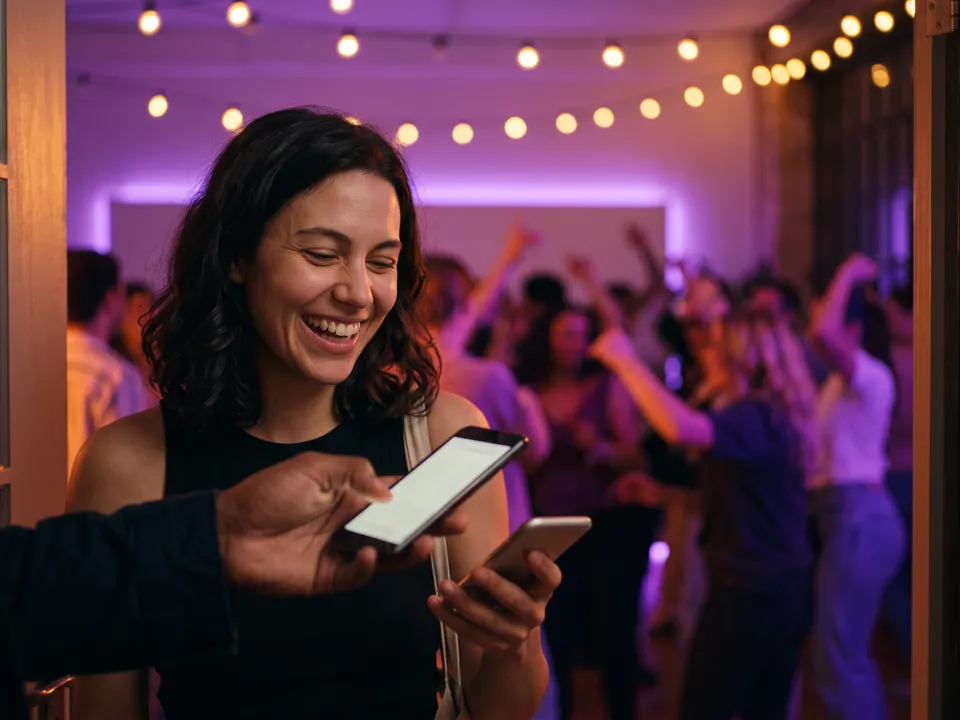 Aan de deur van een dansfeest scant de organisator het ticket op een telefoon.