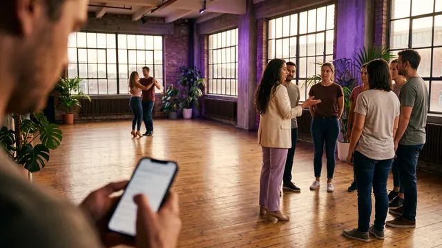 Een dansdocent legt een groep cursisten iets uit in de zaal, op de voorgrond kijkt iemand op zijn telefoon